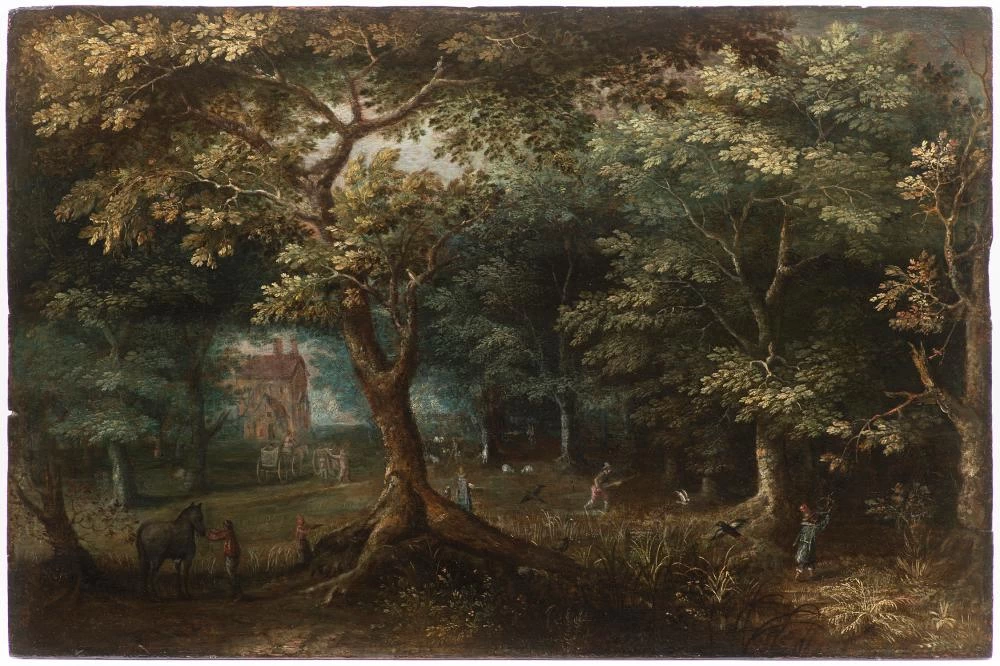 Paesaggio forestale con cacciatori